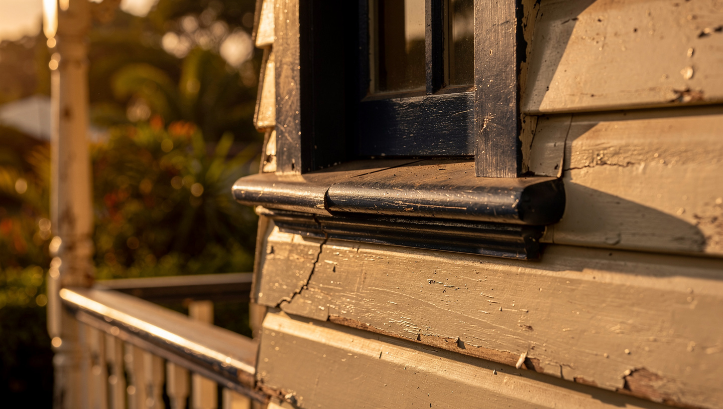 Flaking cream paint on Queenslander weatherboards near a navy-trimmed sill