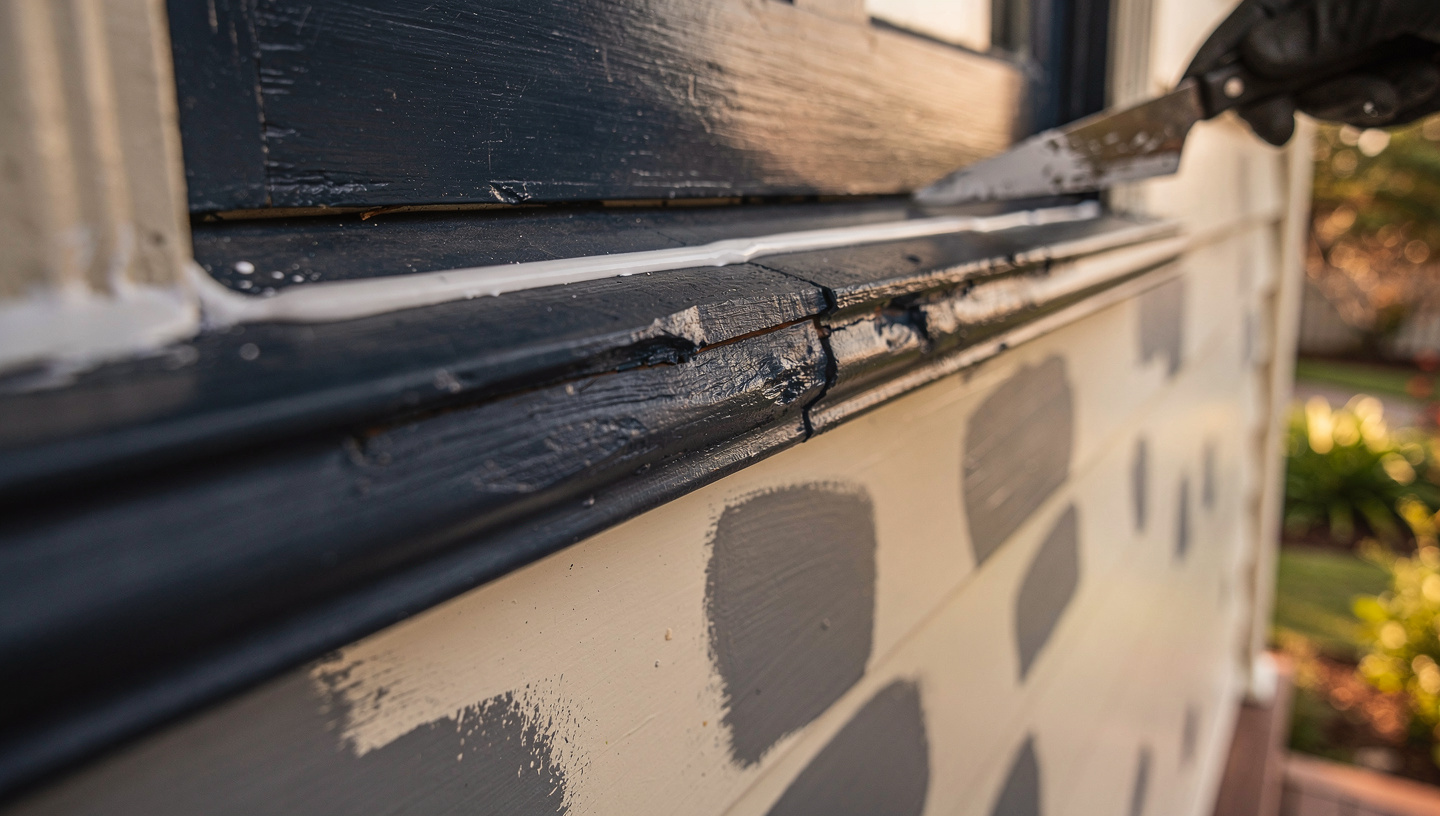 Filler, caulk bead and spot-primer patches along a Queenslander sill