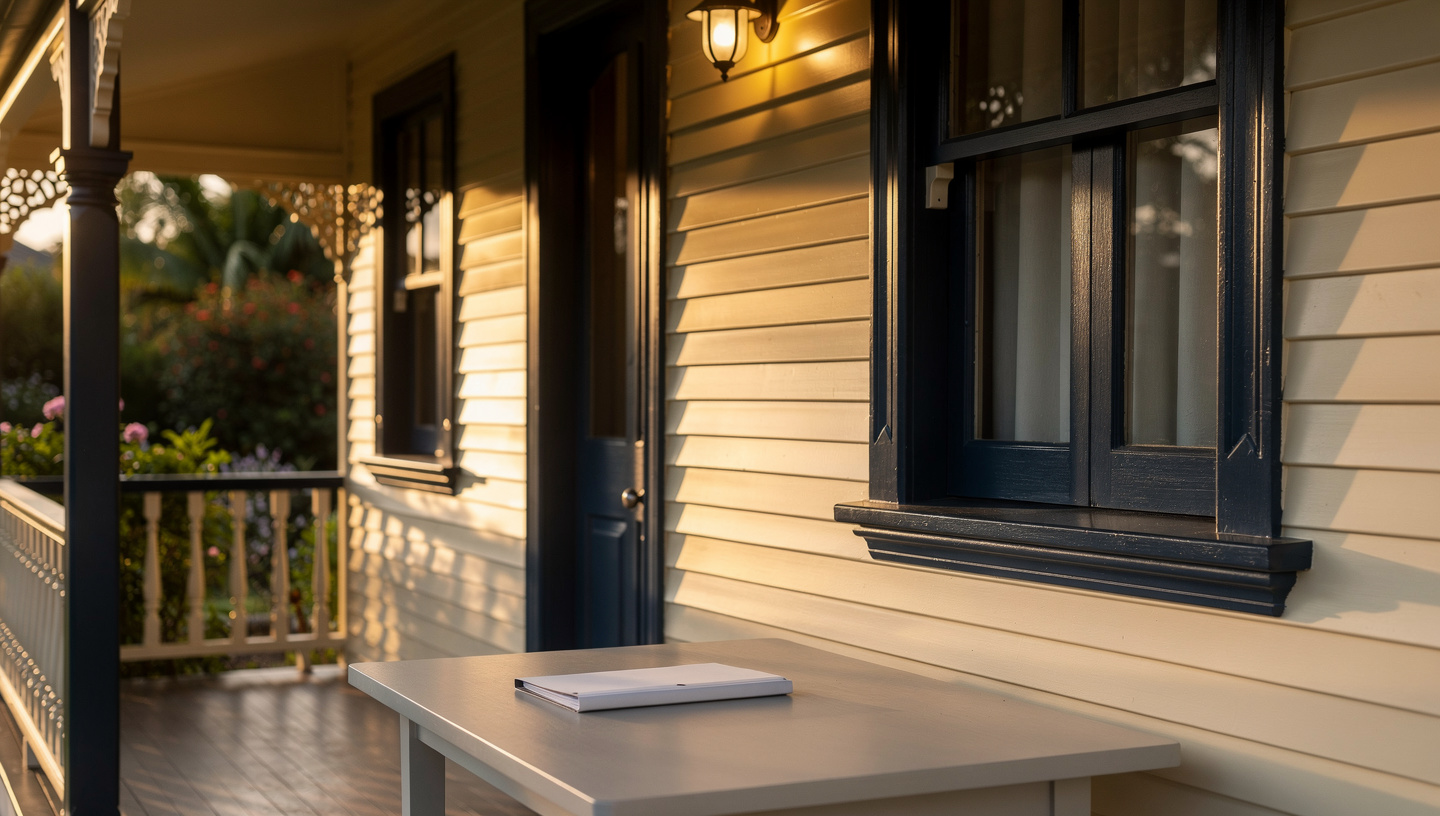 Repainted Queenslander veranda at golden hour, blank document folder on table — take 3