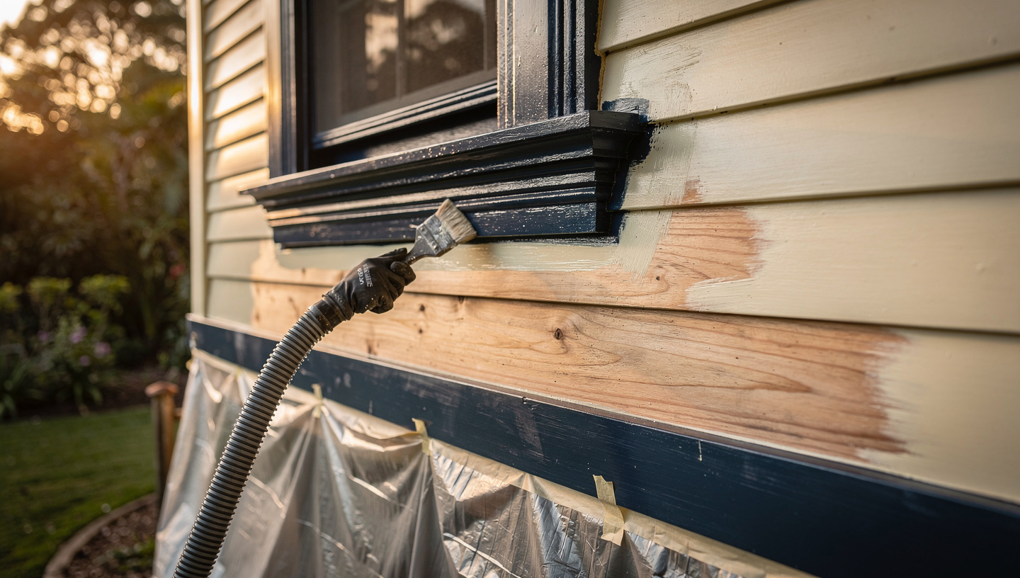Stripped Queenslander boards with containment sheeting and extraction hose