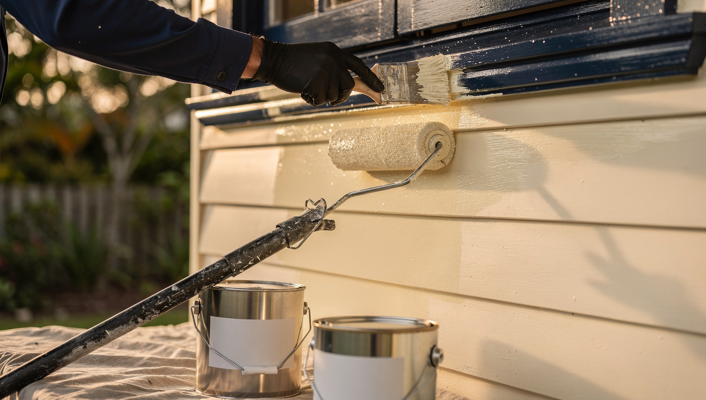 Cutting in at navy trim, roller laying off topcoat, unbranded tins — take 2